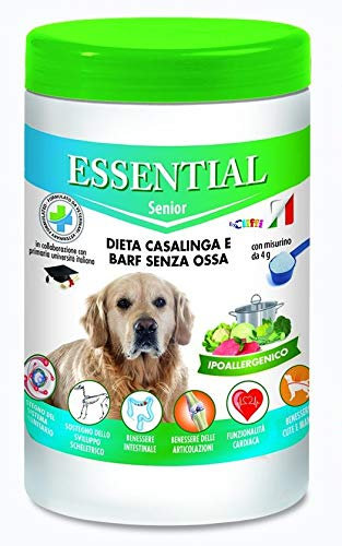 ESSENTIAL CANE SENIOR Integratore per Cani, Dieta Casalinga e Barf Senza Ossa, Ipoallergenico, 650 gr con misurino da 4 gr