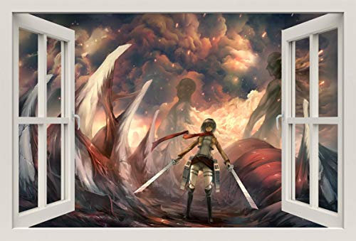 Unified Distribution Anime & Manga - Attack on Titan Mikasa - Wandtattoo mit 3D Effekt, Aufkleber für Wände und Türen Größe: 92x61 cm, Stil: Fenster