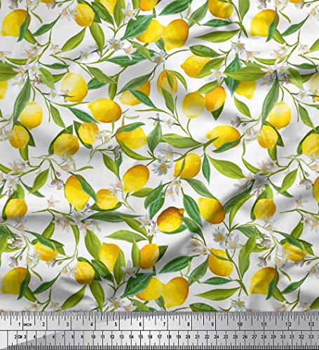 Soimoi Weiß Baumwolle Batist Stoff Blutter, Blumen und Zitrone Gemuse Drucken Nahen Stoff 1 Meter 56 Zoll breit