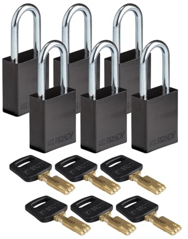 Brady SafeKey Vorhängeschloss Aluminium 6er-Pack - Lockout Schloss mit Schlüssel - Lockout Tagout Sicherheitsschloss für innen und außen - Bügelhöhe 38.10 mm - Verschiedenschließend - Schwarz