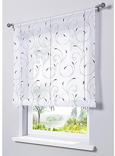 SMITHOOM Raffrollo Voile mit Blättern Bestickt Raffgardinen Gardinen für Küche Schlafzimmer Wohnzimmer Balkon Badezimmer Waschküche Violett 100x120cm