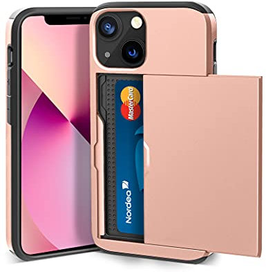 ACOCOBUY for iPhone 13 Case with Card Holder Sliding Cover Hidden Pocket IDs Credit Cards Slot Heavy Duty Shockproof Protective Dual Layer Wallet Phone Cover Back Shell for Men Women 6.1 Rose Gold