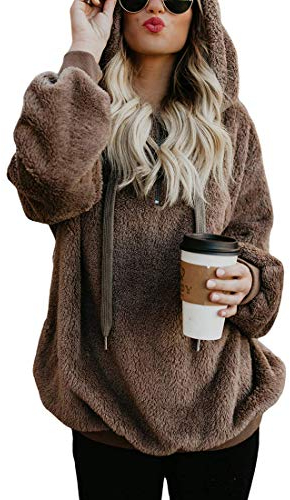 Durio Hoodie Damen Fleece Kapuzenpulli Teddy Fleece Pullover Decke Hoodie Oversize Sweaterpullover Winter Warm Braun S