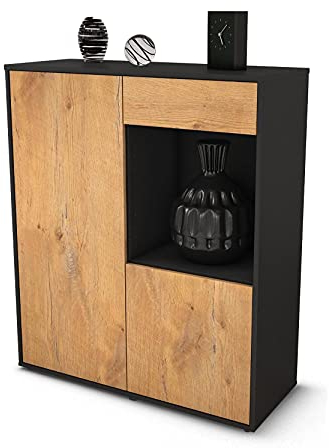 Stil.Zeit Highboard Lena, Korpus anthrazit matt, Front Holz-Design Eiche (92x108x35cm), Push-to-Open Technik & Leichtlaufschienen