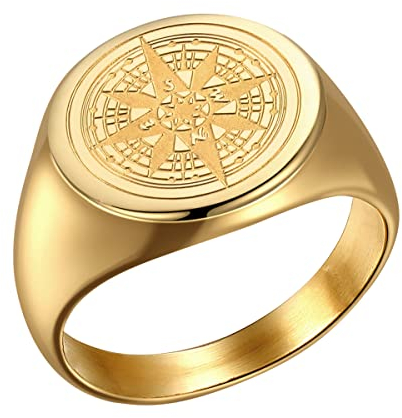 Joliernelle Herren Kompass Ring Gold Siegelring Edelstahl Reisegeschenk Größe 54