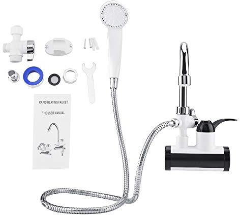 lyrlody Grifo de Calentador de Agua Instantáneo Eléctrico para Cocina, Grifo de Calentamiento Instantáneo Eléctrico con Pantalla de Temperatura de Cabezal de Ducha para Cocina Y Baño(Entrada Lateral)