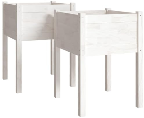 vidaXL 2X Bois de Pin Massif Jardinières Bac à Fleurs Lit Surélevé Pot de Plantes de Jardin Balcon Terrasse Patio Extérieur Blanc 50x50x70 cm