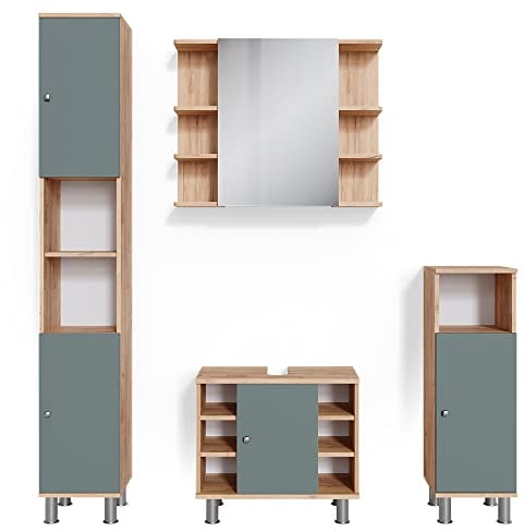 Vicco Badmöbel-Set Fynn, Badezimmerschrank-Set, Grün/Goldkraft Eiche, 4 Teile