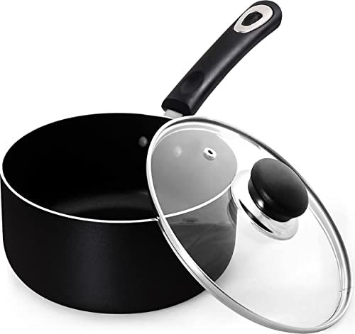 KICHLY 14 cm, 1Ltr Nonstick Saucepan with Glass Lid, Multipurpose Use for Home Kitchen or Restaurant, Milk Pan, 14cm, 1L, Black, 1 Piece