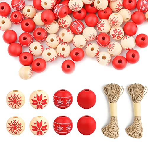 120 Stück Weihnachtliche Holzperlen zum Basteln mit Loch, 15mm Schneeflocken Holzperlen Rund mit Schnur Holzperlen zum Basteln Schmuckherstellung Weihnachten Partyzubehör Dekoration
