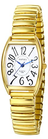 JewelryWe Uhren Damen Analog Quarz Armbanduhr Klassisch Rechteckig Elastisch Legierung Armband Beiläufige Uhr Damenuhr mit weißem großen Digital Zifferblatt Gold