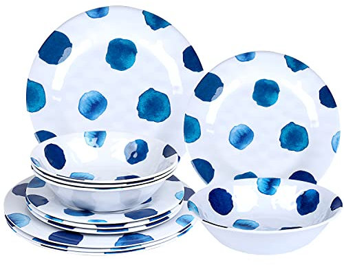 Aclema Melamine Dinnerware Sets 12 Pcs Dish Set Plates Bowls Unbreakable for Kitchen Dinner Outdoor Indoor Service for 4 Blue Dot