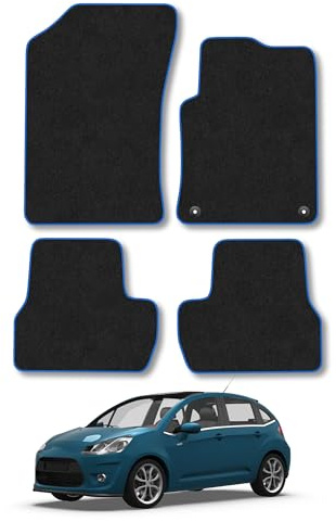 Citroen C3 (2009-2016) Carpet Car Mats | Blue Edge Trim Tailored Fit Floor Mats Full Coverage Protection Accessories Easy Clean Anti Slip Made in the UK