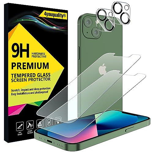 4youquality [4-in-1 Screen Protector for iPhone 13 Mini with Camera Lens Protector, Tempered Glass Film, 2-Pack Each, [LifetimeSupport][Impact-Resistant][Anti-Scratch][Ultra-Transparent]