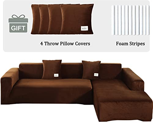 ele ELEOPTION Sofa Überzug Samt Stretch Sofabezug 2er Set 3 Sitzer Verdickung Couchbezug für L Form Sofa Ecksofa inkl. 4 Stücke Kissenbezug (pur Braun)