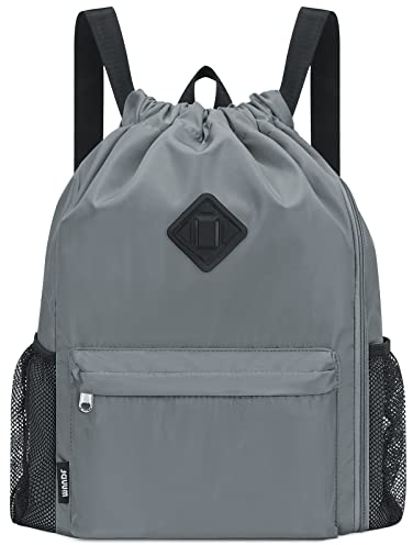 WANDF Rucksack mit Kordelzug, Sporttasche mit Schuhfach, wasserabweisender String-Rucksack Cinch für Damen Herren (Groß,Grau)