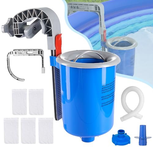 MUWOOB Skimmer de piscina sobre el suelo, skimmer de superficie de piscina de montaje en pared con manguera y cesta, filtro flotante ajustable para piscina, limpia y elimina automáticamente las hojas