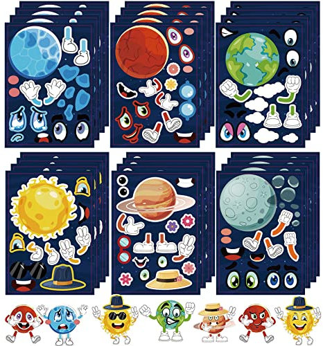 24 Stücke Mach deine eigenen Planetenaufkleber Mach einen Gesichtsaufkleber für Kinder Kleinkinder mit Planeten Sonnensystem DIY Bastelaufkleber Kinderparty Gefallen Lieferungen Handwerk