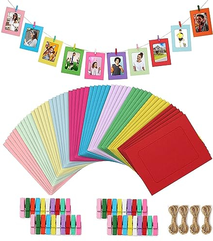 Lot de 40 cadres photo en papier en carton, 10 couleurs + ficelle + mini pinces à linge colorée, Cadres Photo en Carton Colorés, Cadre photo DIY Collage à personnaliser, 11,5 x 15,5 cm(Coloré)