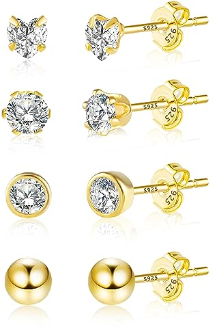 Kleine Gold Ohrringe Set mit Zirkonia Strass, 4 Paar 14k Vergoldet Silber 925, Süße Ohrstecker Herz Ball Damen Mädchen Kind
