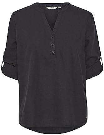 OXMO OXAnja Damen Bluse Tunika Langarm Leinenmix Regular Fit, Farbe: Black (200451), Größe: 38
