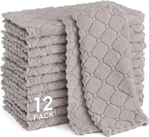 Moosfor Microfiber Cleaning Cloth, Pack of 12, Super Soft Reusable Dish Towels Cloths, Streak Free Non-Scratch Cloth for Kitchen, Glass, Windows, 25 x 25 cm, Grey