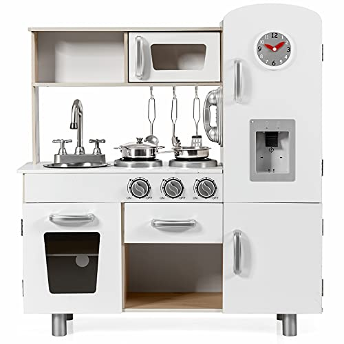 RELAX4LIFE Cucina Giocattolo per Bambini in Legno, Set da Cucina Ben Attrezzato con Microonde, Forno, Distributore d'Acqua, Frigorifero, Giocattolo Educativo per Bambini 3+ Anni (Bianco)