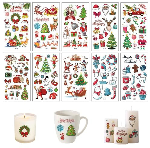 Ellxen 10 Stück Kerzentattoos Weihnachten Deko,Kerzentattoos,Bunt Weihnachten Tattoofolie Sticker,Wasserschiebefolie Kerzen,Für DIY Tasse Kerze Weihnachten Geschenk für Kerzen/Keramik