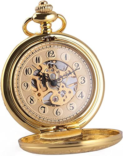 Vintage-Taschenuhr for Herren, dekorative Taschenuhr, mechanische Retro-Taschenuhr for Herren und Damen, spezielle Lupe, halber Jäger, graviertes Gehäuse, goldenes Uhrwerk, arabische Ziffern mit Kette