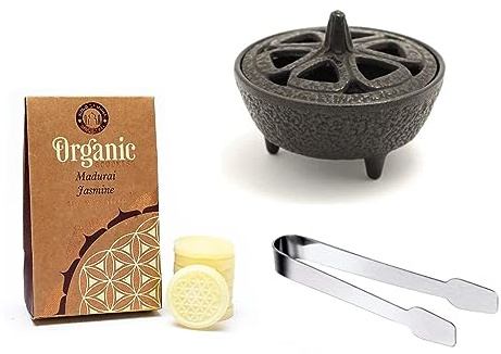 Cast Iron Wax Melter Kit with Scented Wax Melts and Stainless Steel Tongs for Stoves and Log Burners (Jasmin)