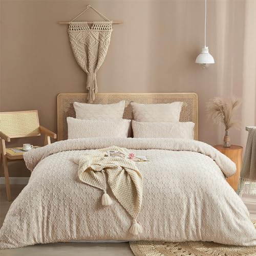Luofanfei Boho Bettwäsche 155x220 Beige Getuftet Boho Style Wendebettwäsche Set Microfaser Stickerei Shabby Chic Geometrisches Muster Bettbezug und Kissenbeüge 80x80 cm mit Reißverschluss