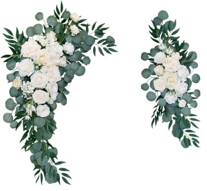 perfk 2 x Hochzeitsbogen, Blumen, grüne Blätter, Türkranz, Herzstück, künstlicher Blumenschmuck für Hochzeit, Hintergrund, Zeremonie, Party, Weiß