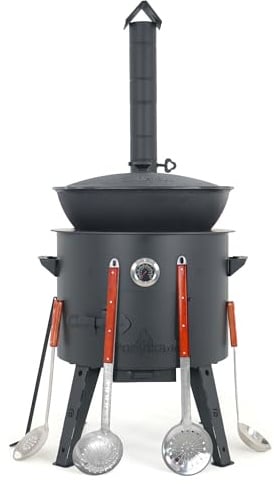 Utschak Uchag Feuerofen Ø 49 cm 2 mm Stahl Herdplatte 4mm Kazan 22 L flacher Boden mit Thermometer Schaumlöffel für Plov Holzlöffel Schöpfkelle Spachtel aus Holz Учак Учаг Uchag Asia казан (Set 539)