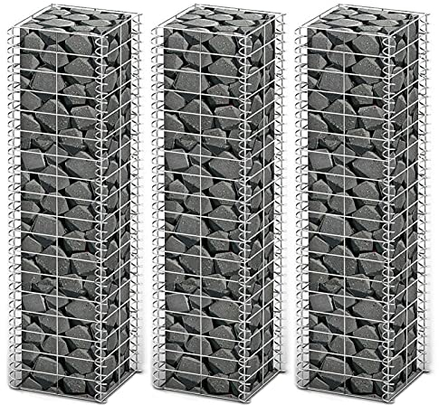 Ailgely Steinkorb Gabione -Set 3-TLG mit Deckeln Verzinkter Draht 25×25×100 cm Steinkorb Steingabionen Drahtkorb Mauer Säule Wand, Gabione Drahtkorb