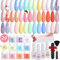 Aikker Dip Powder Nail Kit Starter 27 Pcs Spring Pink Blue Glitter Purple Sweet Colours Acrylic Dipping Powder Liquid Set with Recycling Tray,Base Top Coat Activator for French Nail Art Manicure AK33