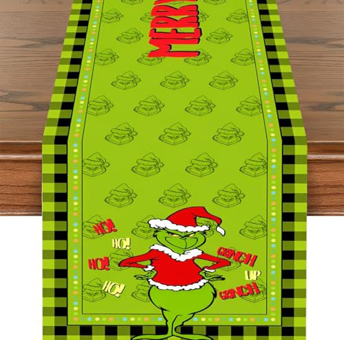 Weihnachten Tischläufer 33 x 183 cm, Leinen Weihnachts Tischläufer Leinen Tischwäsche, Küche Tischdecke Esstisch Tischdeko Tischband Dekoration für Drinnen und Draußen Urlaub Party(Grün)