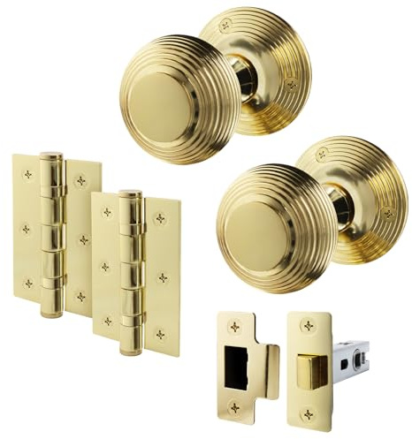EAI Polished Brass Door Knobs with Latch 76mm and Hinges, 4 Pack - Beehive | Complete Latch Kit with 4 Pairs of Beehive Mortice 55mm Door Knobs, 76mm Latches, 76mm Hinges, Fixings Included