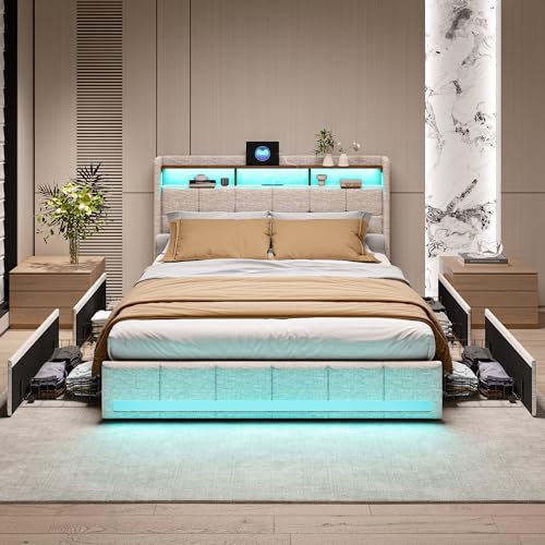 DGCZYXGL Schubladenbett 160 x 200 cm, Doppelbett mit LED-Beleuchtung und USB-Ladefunktion, Erwachsenenbett mit 4 Schubladen, Kopfteil mit Stauraum, Lattenrost, ohne Matratze, Leinen, Beige