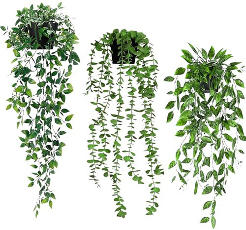 3 pièces Plantes artificielles suspendues, plante artificielle, plantes suspendues avec pots, plantes artificielles, plantes plastiques vigne plante verte, Fake Plant pour balcon bureau mur décoration