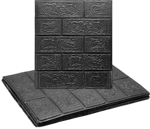 sourcing map 10pcs 3D Brick Effect Wall Panels 14.5 Sq Ft Coverage Peel and Stick Brick Wall Tile, 13.8x15.2 Waterproof Brick Design Wallpaper Backsplash, Black