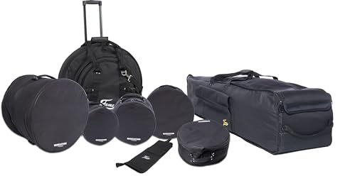 Drum Taschen Set Pro II, Cymbal Bag, StickBag, Hardware Trolley, Gepolstert, für 20-24 Zoll Drums, inkl. 10 Zoll Practice Pad, Ideal für Musiker, Drummer