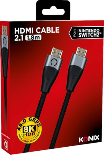 Konix Câble HDMI 2.1 pour Nintendo Switch 2 - Compatibilité 4K et 8K - Nylon tressé - Longueur 1,8 m - Noir