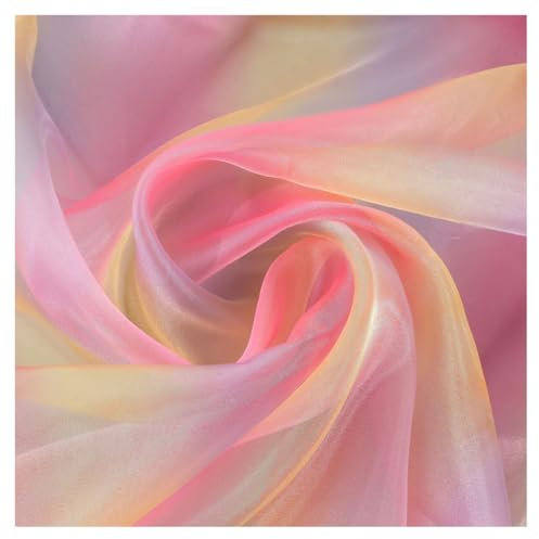 AMateschitz Farbverlauf Organza Stoff Regenbogen Tulle Netzstoff Bunt Gradient Tüllstoff Schillernder Tüll Dekostoff für Hochzeitskleider Vorhänge Tischläufe Kostümen DIY Nähen Rot-Gelb-Rosa 5M*1.5M