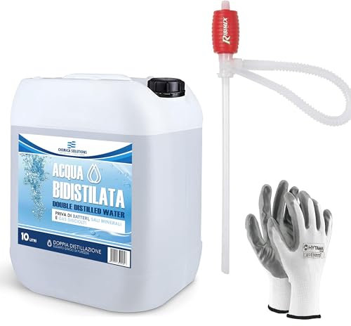 CHEMICA SOLUTIONS Acqua Bidistillata Pura per Uso Industriale e clinico tanica da 10 Litri, Distillata Due Volte, Demineralizzata, Made in Italy + Pompa Manuale per Travaso liquidi+ Guanti Omaggio