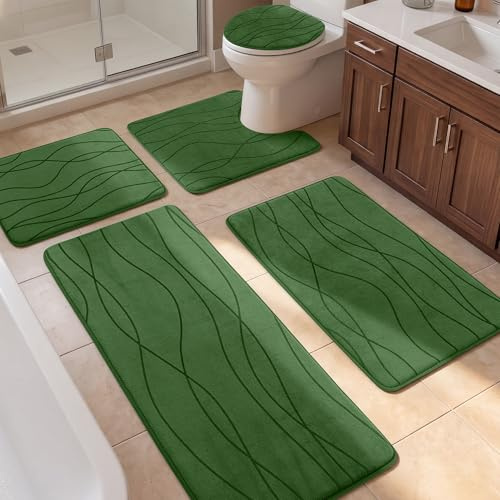 YIHOUSE Badezimmerteppich-Set, 5-teilig, Memory-Schaum, Badematte, Grün | Ultraweich, saugfähig, rutschfest, maschinenwaschbar, für Badezimmer, Waschbecken und Toilette