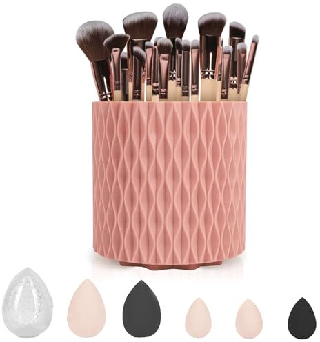 TTSTOIEE pinceaux maquillages 18pcs, pinceau fond de teint manche bambou barillet pivotant + éponge + houppette, beauty blender