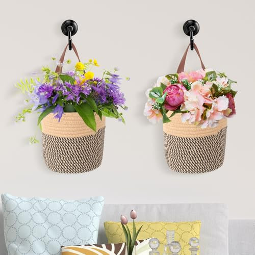 2 Stück Wandkörbe Zum Aufhängen, Aufbewahrungskorb, Hängekorb, Aufbewahrungskörbe mit Griff, Baumwolle Korb für Regal, Hängekorb Bad und Küche, Pflanzen Blumentopf Pflanzenkörbe, 14 * 17CM