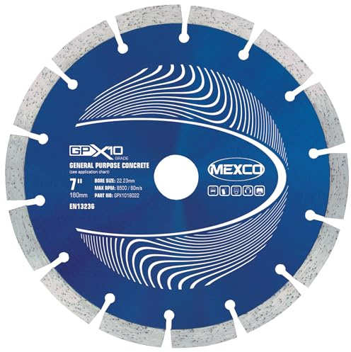 Mexco GPX10 General Purpose Concrete Diamond Blade, Cutting Disc for Non-Abrasive Building Materials - 180mm, 10mm Segment Height, 22.23mm Bore