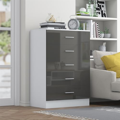 Reflect Tallboy 5 Drawer Chest | Grey Gloss & Matt White | Modern Vertical Bedroom Storage Unit | H: 100cm x W: 70cm x D: 40cm