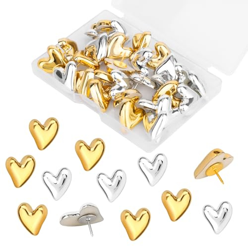 30st Reißzwecken Herz, Gold & Silber Reißzwecken Dekorativ Reißnägel Niedliche Pinnwände für Korktafeln Pinnwände Homeoffice Poster Fotos Postkarten Karten